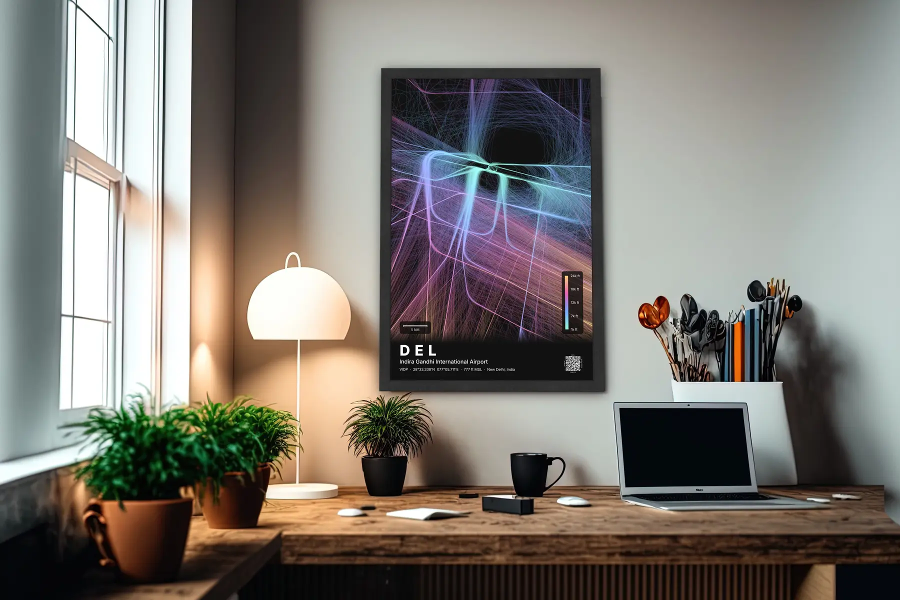 DEL flight path map — Aurora theme · Dark in office setting
