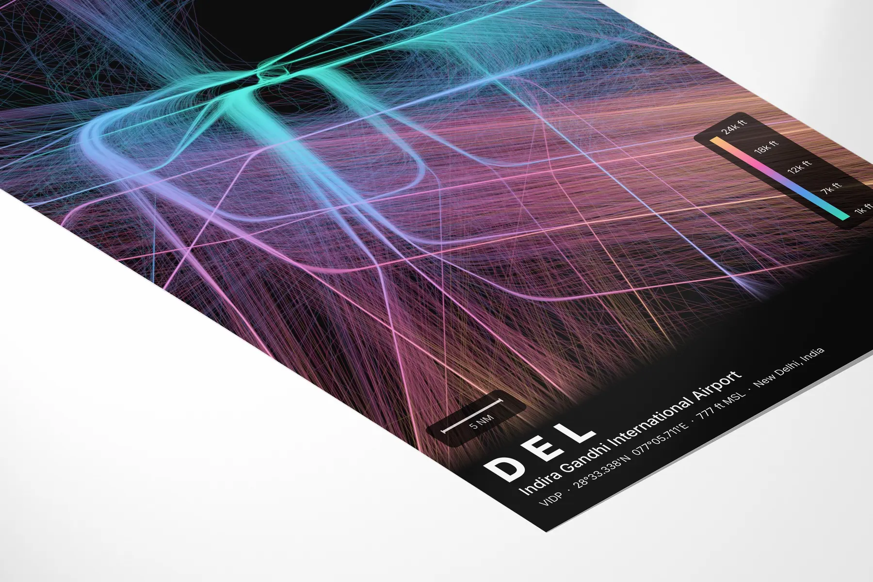 DEL flight path map — Aurora theme · Dark in corner-detail setting