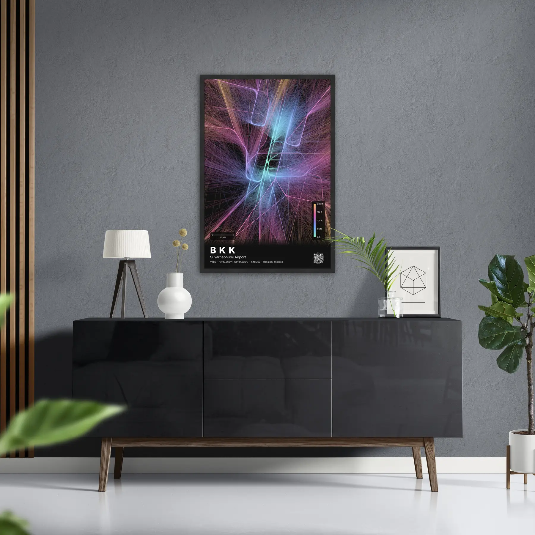 BKK flight path map — Aurora theme · Dark in foyer setting