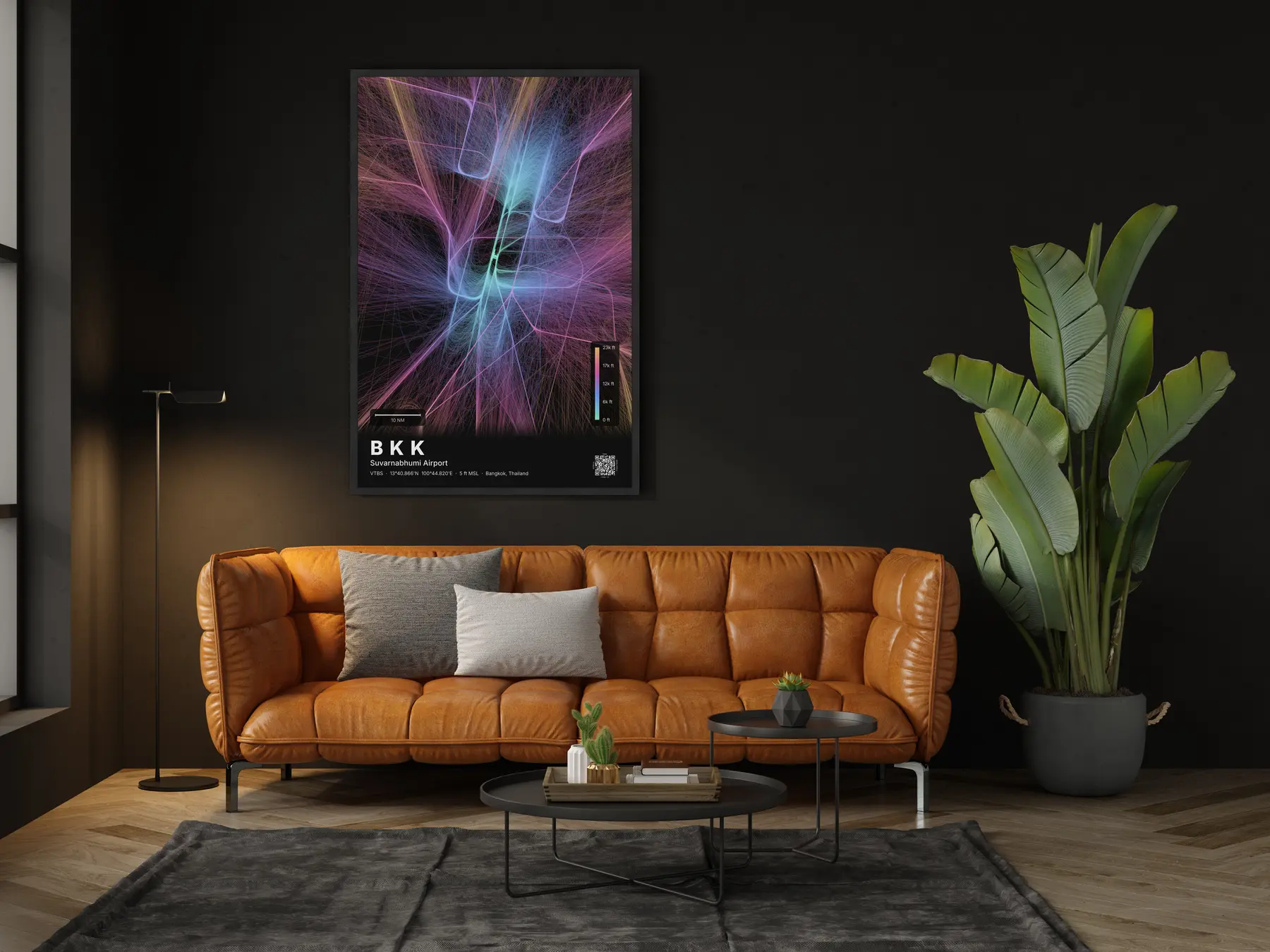 BKK flight path map — Aurora theme · Dark in living-room setting