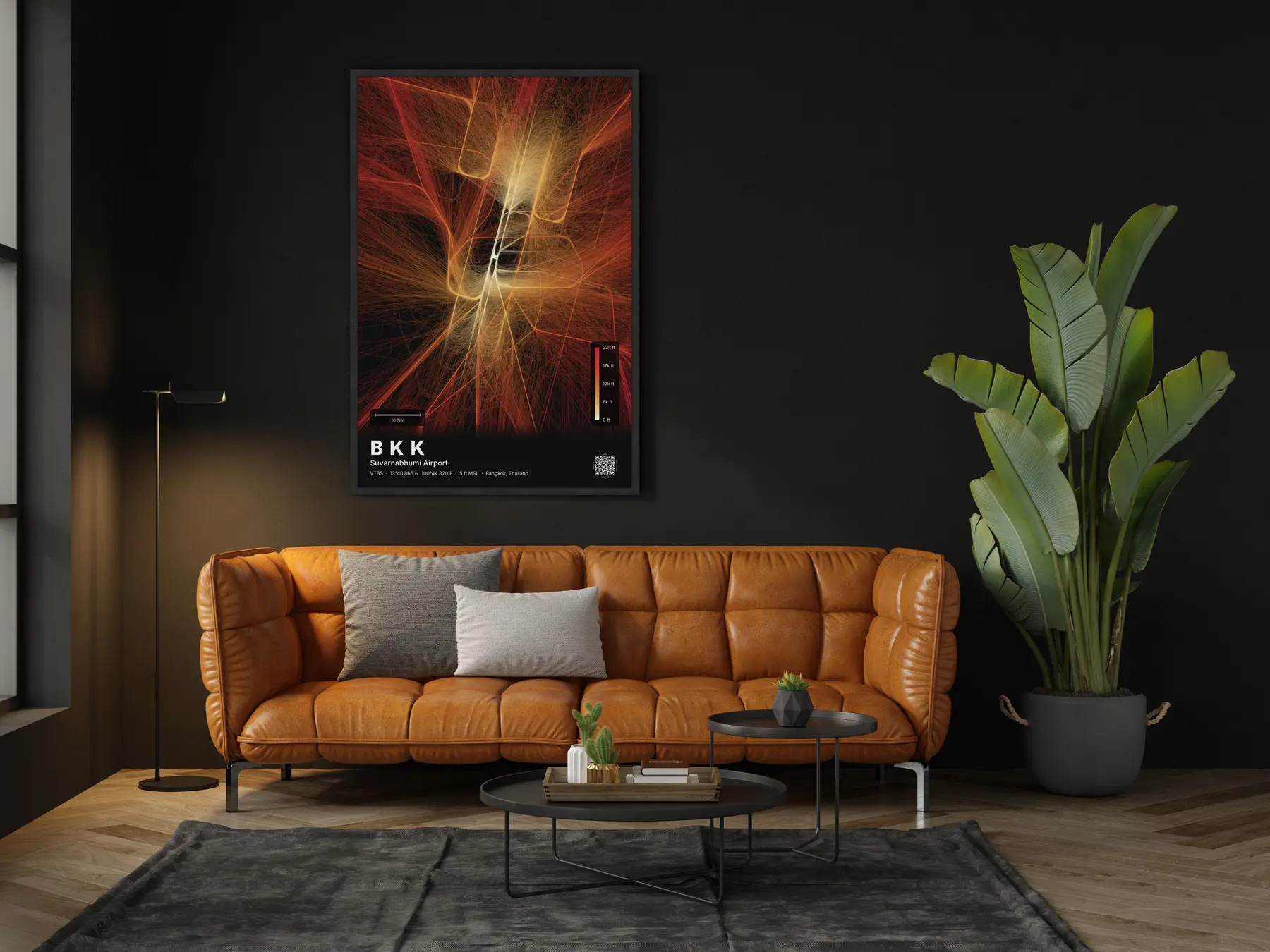 The BKK flight path map on a wall in a living room