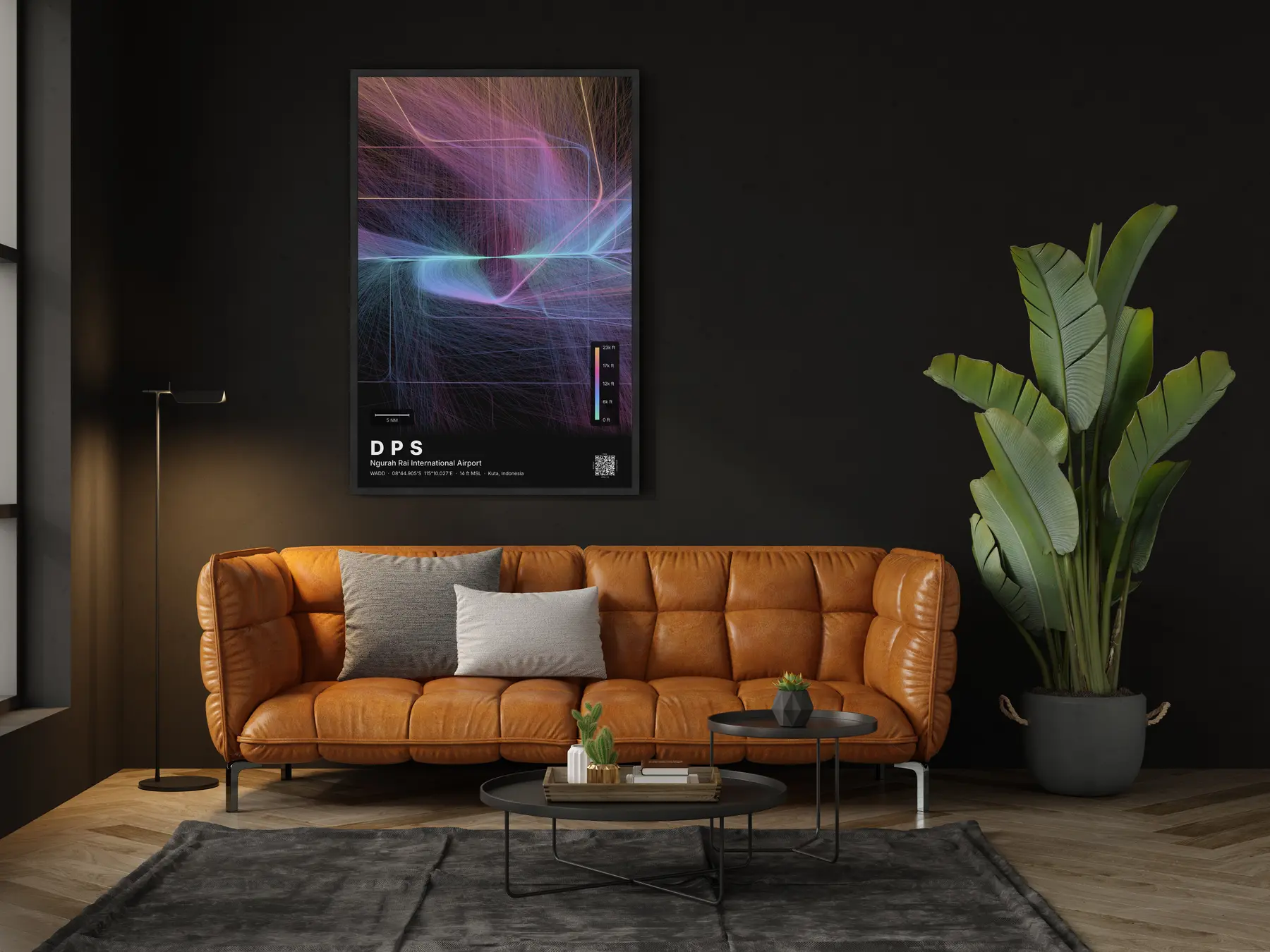 DPS flight path map — Aurora theme · Dark in living-room setting