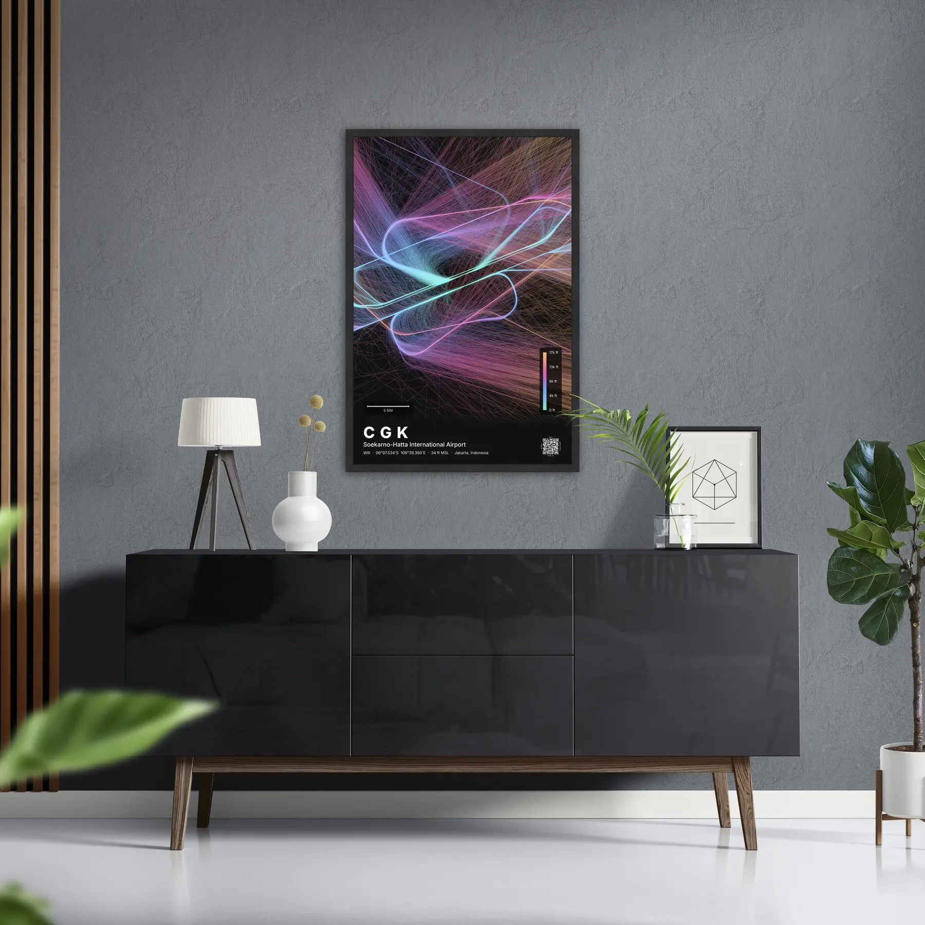 CGK flight path map — Aurora theme · Dark in foyer setting
