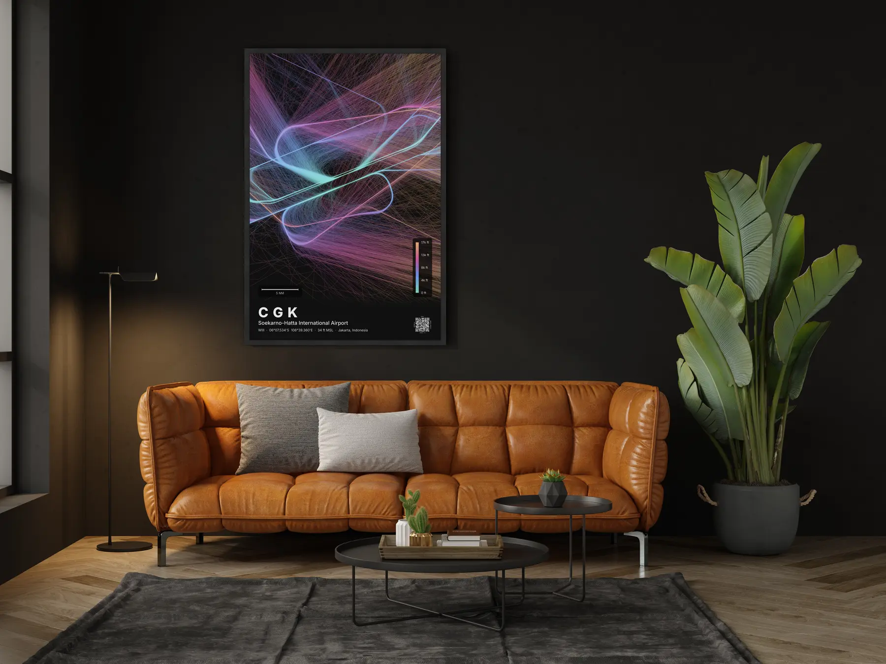 CGK flight path map — Aurora theme · Dark in living-room setting