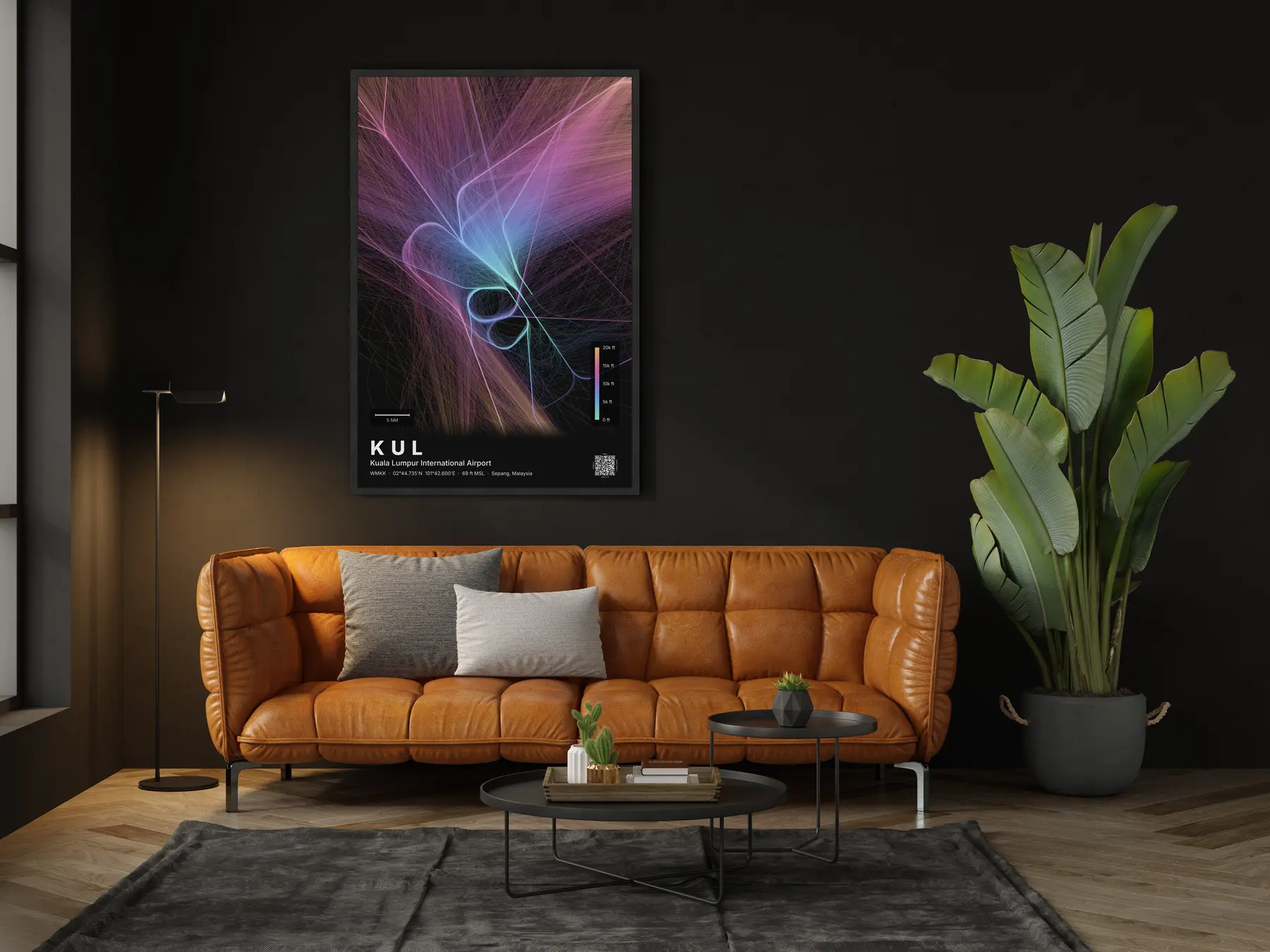 KUL flight path map — Aurora theme · Dark in living-room setting