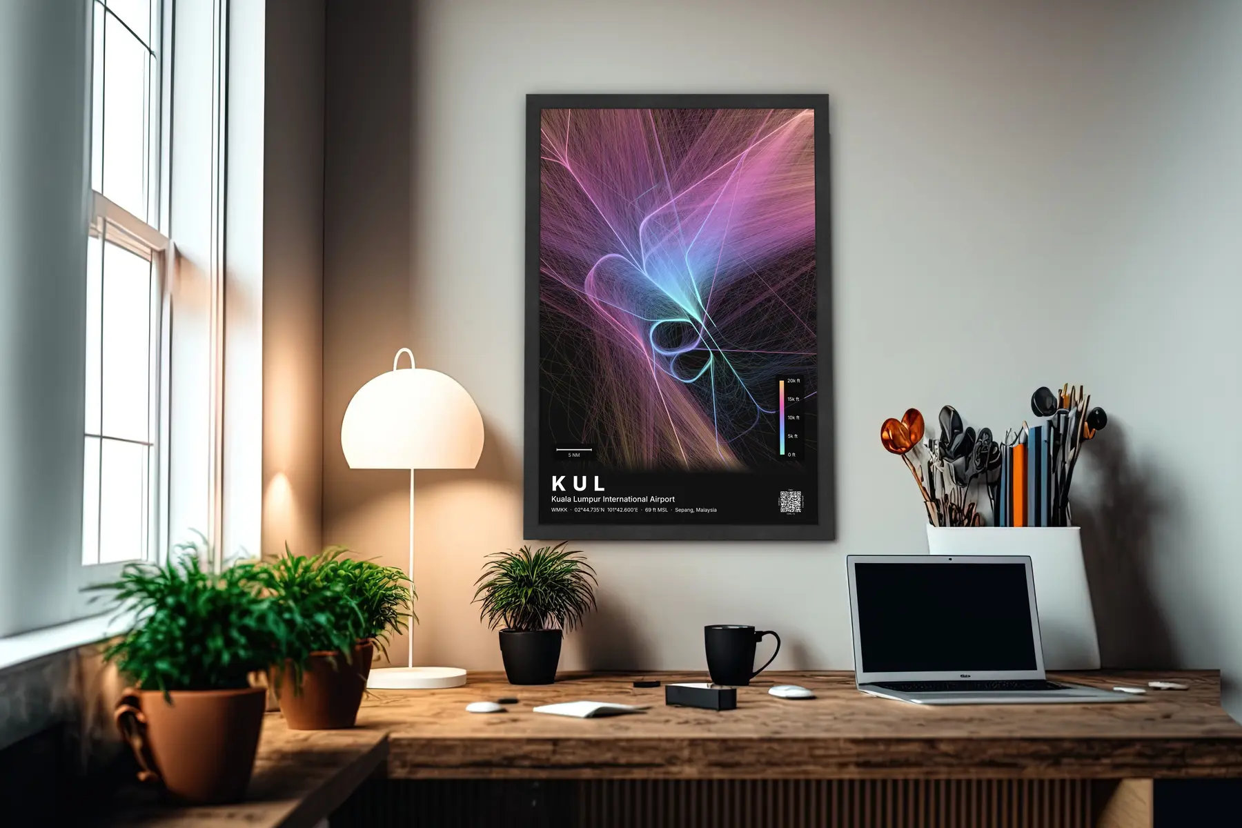 KUL flight path map — Aurora theme · Dark in office setting