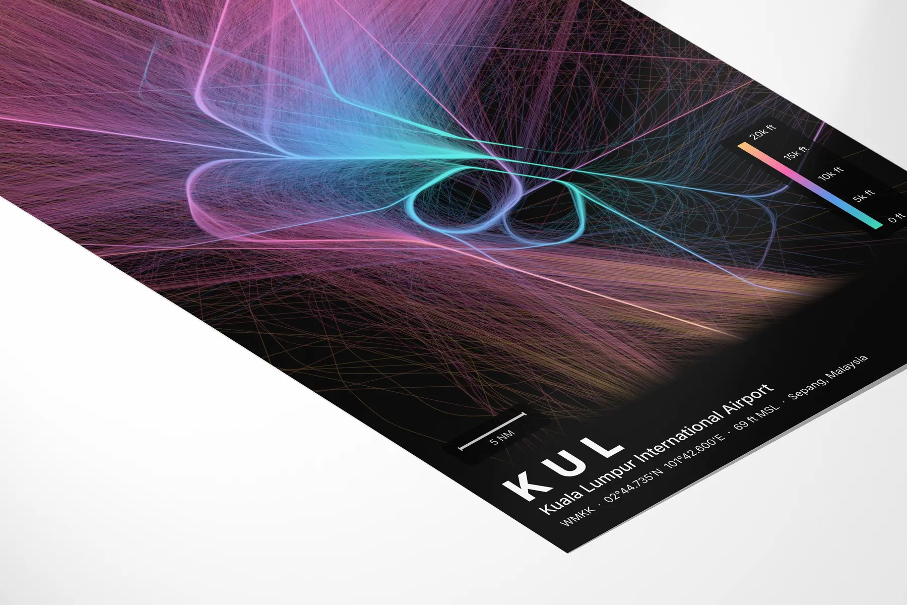 KUL flight path map — Aurora theme · Dark in corner-detail setting