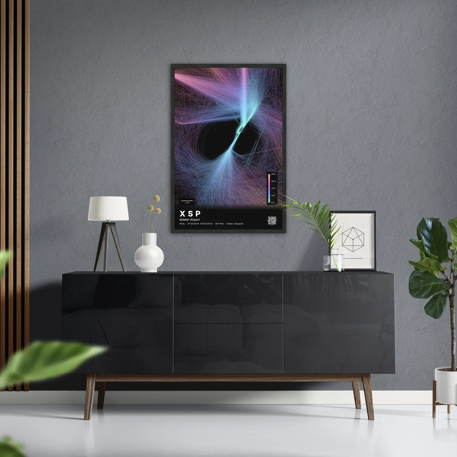 XSP flight path map — Aurora theme · Dark in foyer setting