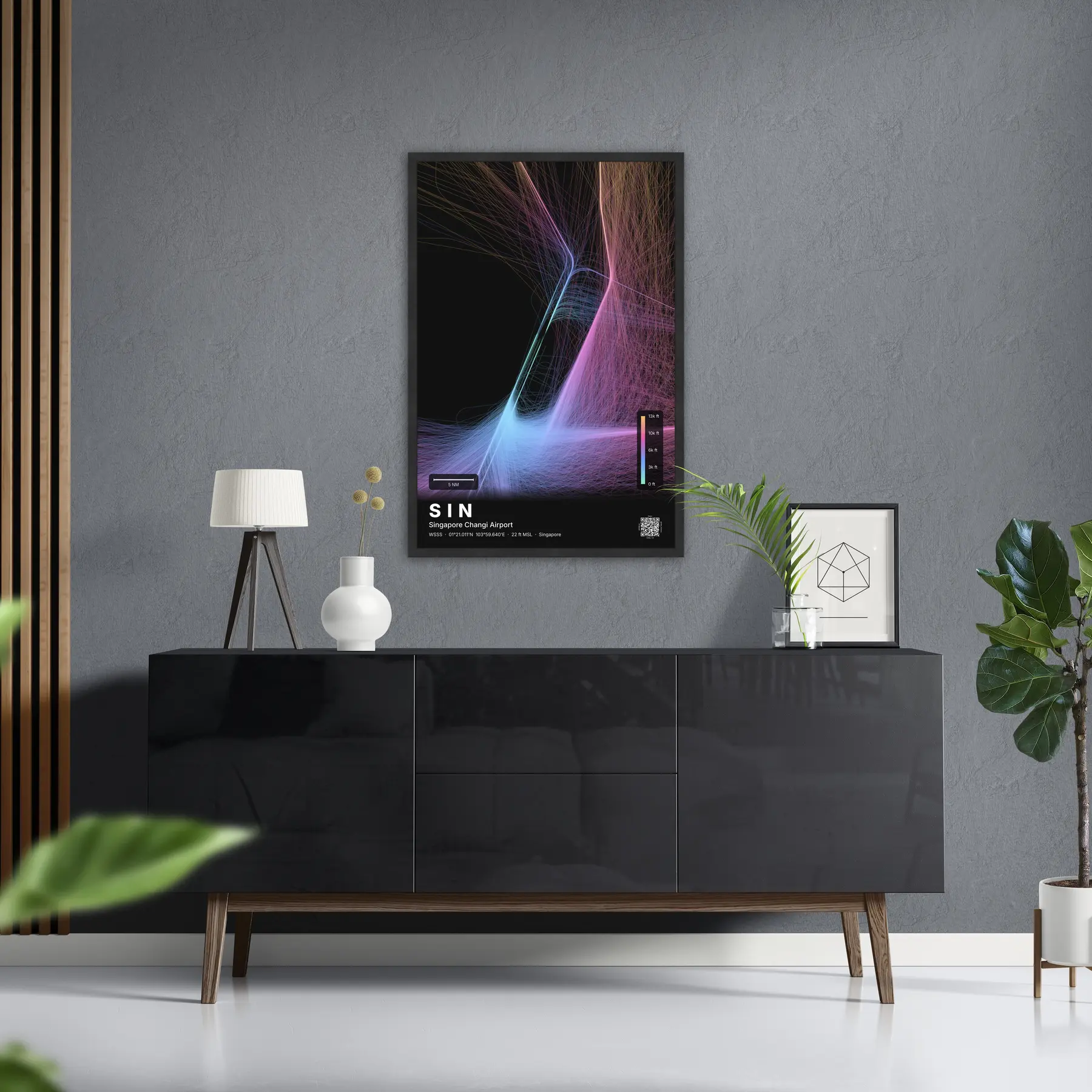 SIN flight path map — Aurora theme · Dark in foyer setting