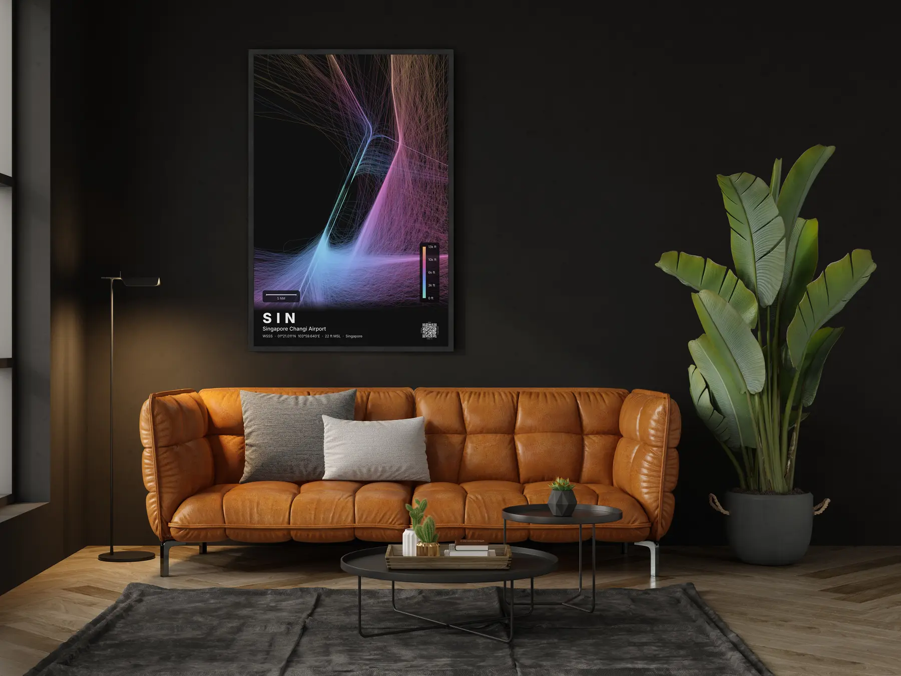 SIN flight path map — Aurora theme · Dark in living-room setting