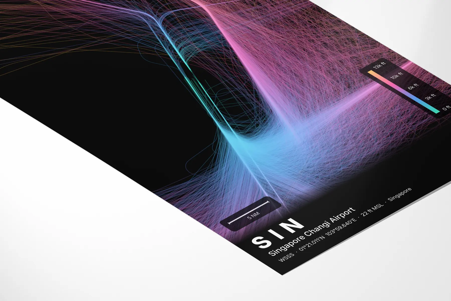 SIN flight path map — Aurora theme · Dark in corner-detail setting
