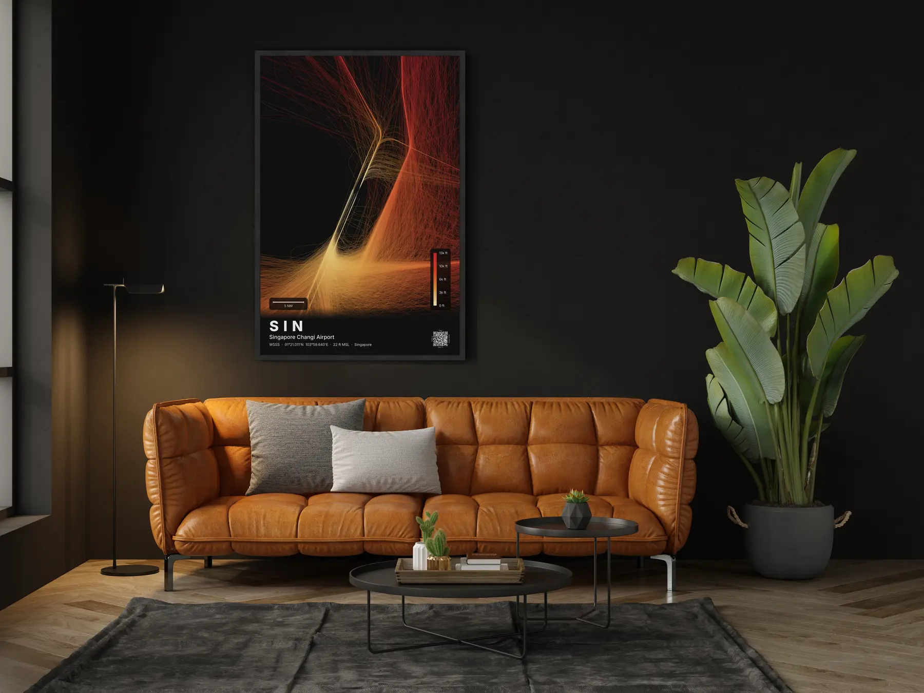 The SIN flight path map on a wall in a living room
