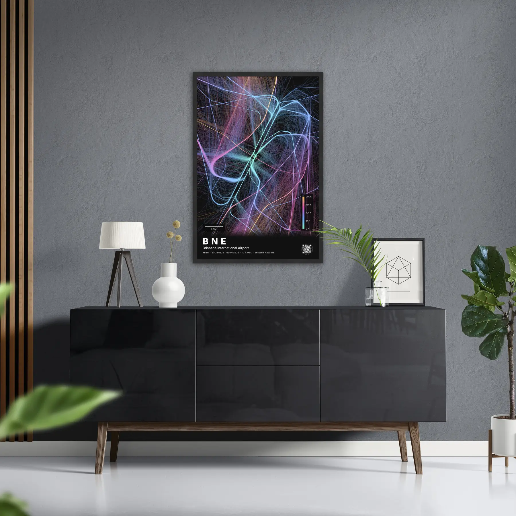 BNE flight path map — Aurora theme · Dark in foyer setting