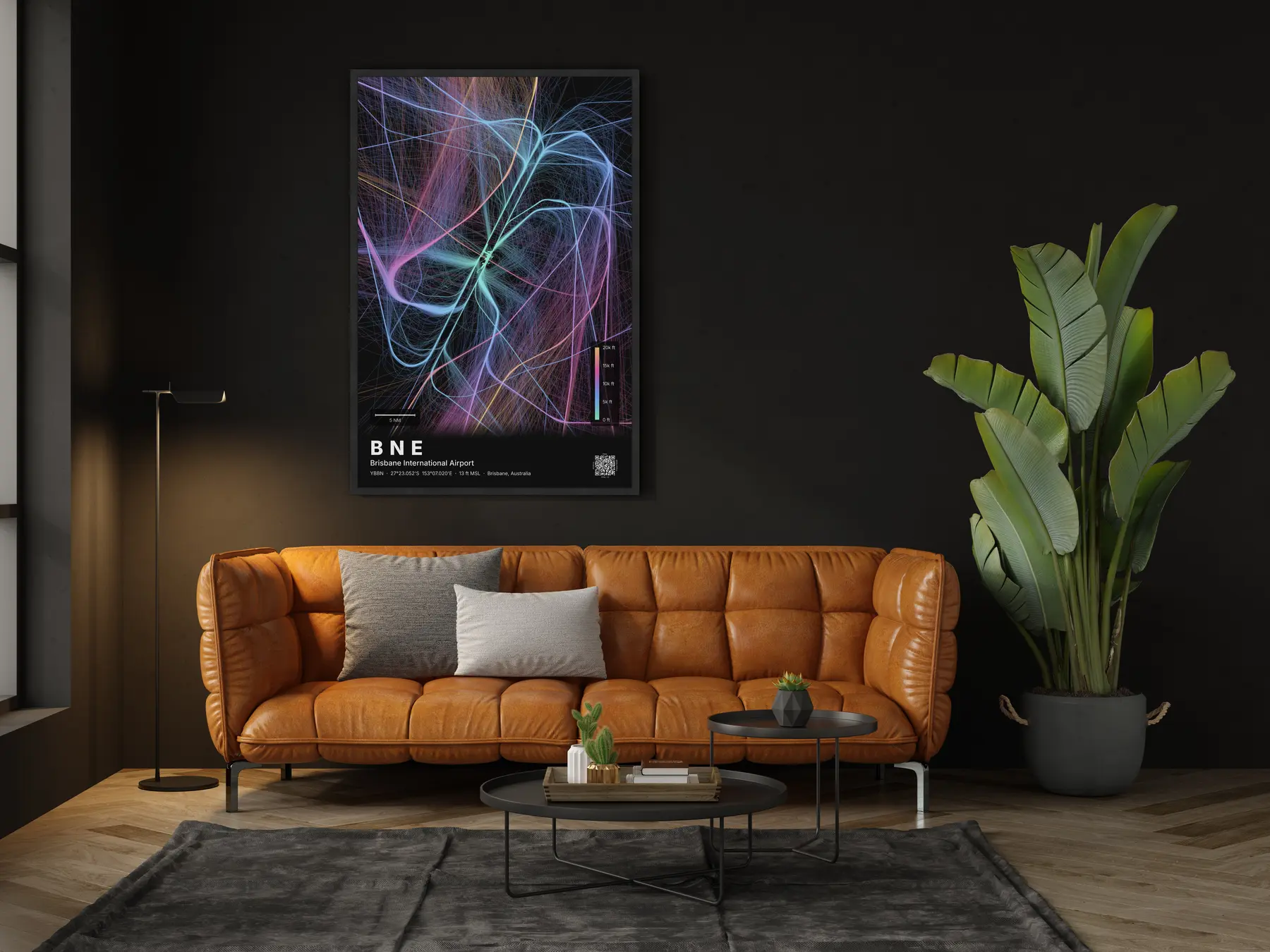 BNE flight path map — Aurora theme · Dark in living-room setting