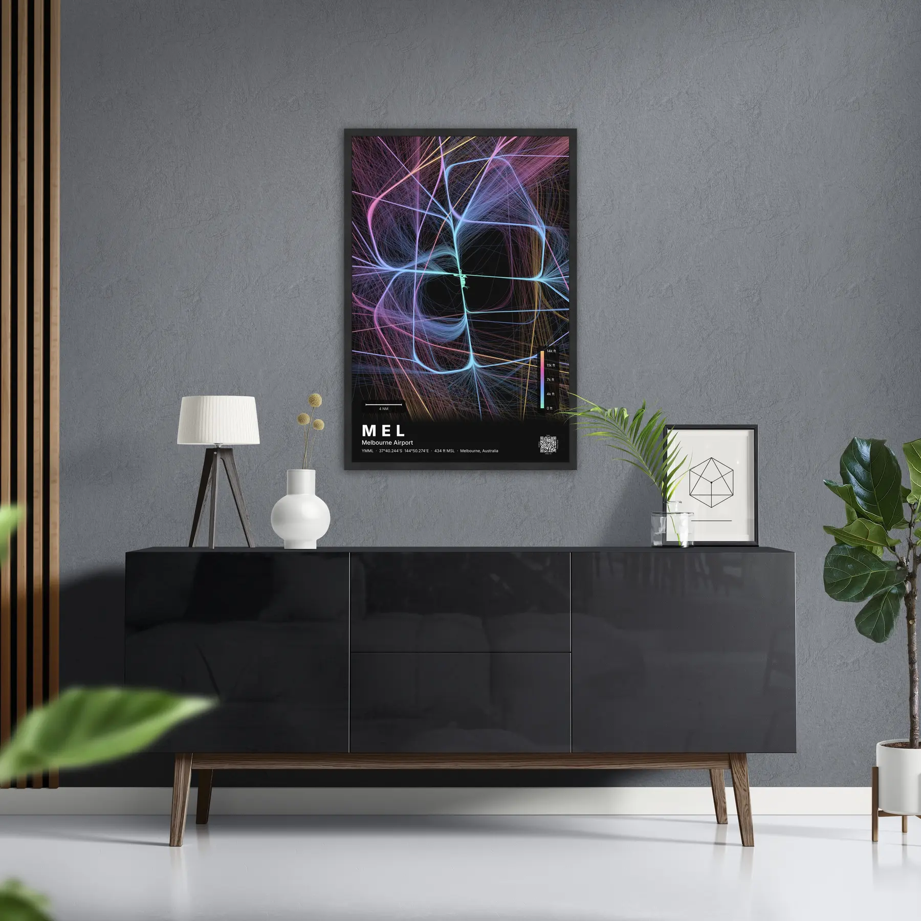 MEL flight path map — Aurora theme · Dark in foyer setting
