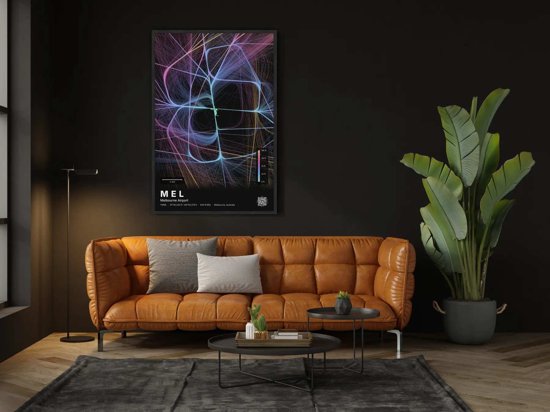 MEL flight path map — Aurora theme · Dark in living-room setting
