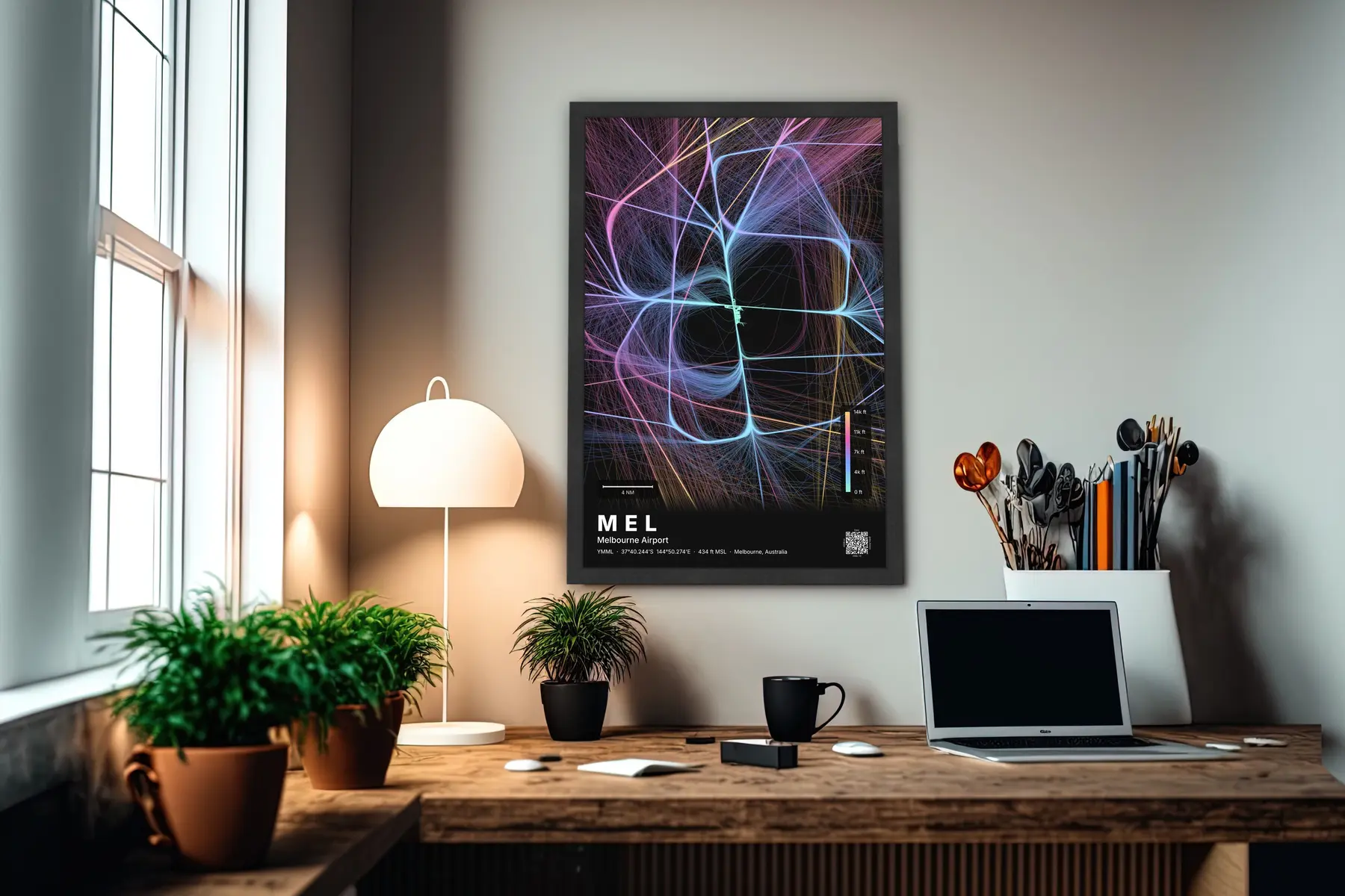 MEL flight path map — Aurora theme · Dark in office setting