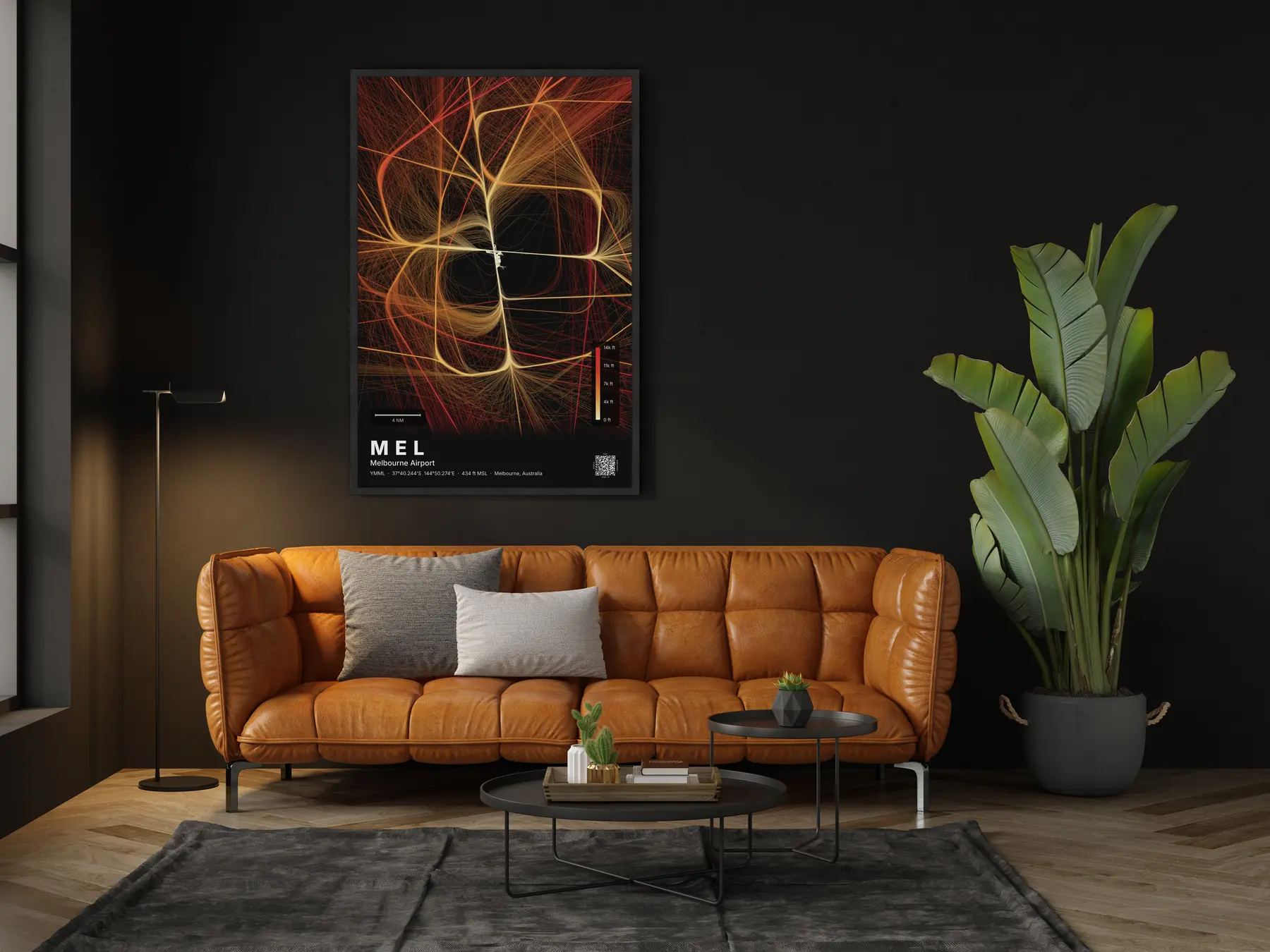 The MEL flight path map on a wall in a living room
