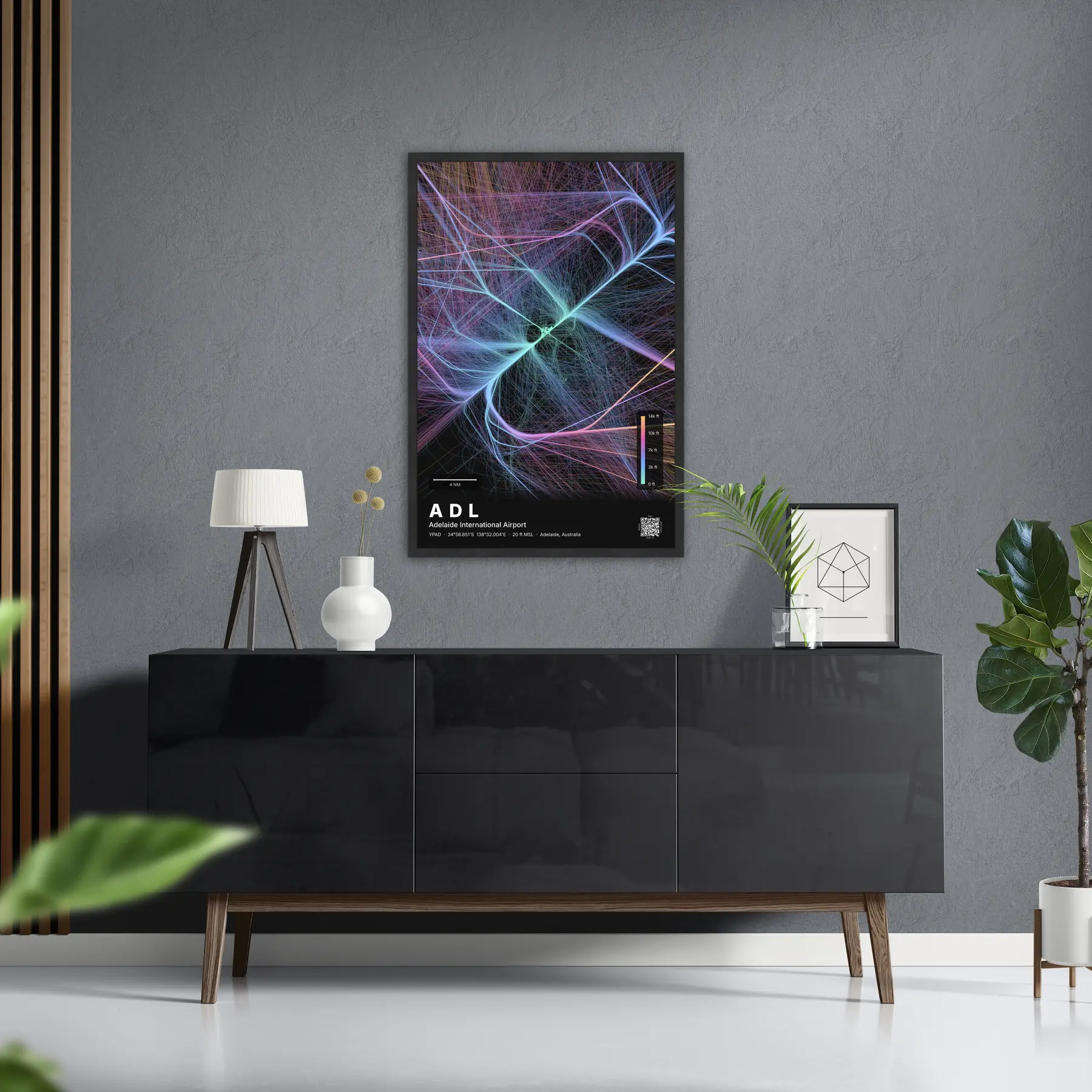 ADL flight path map — Aurora theme · Dark in foyer setting