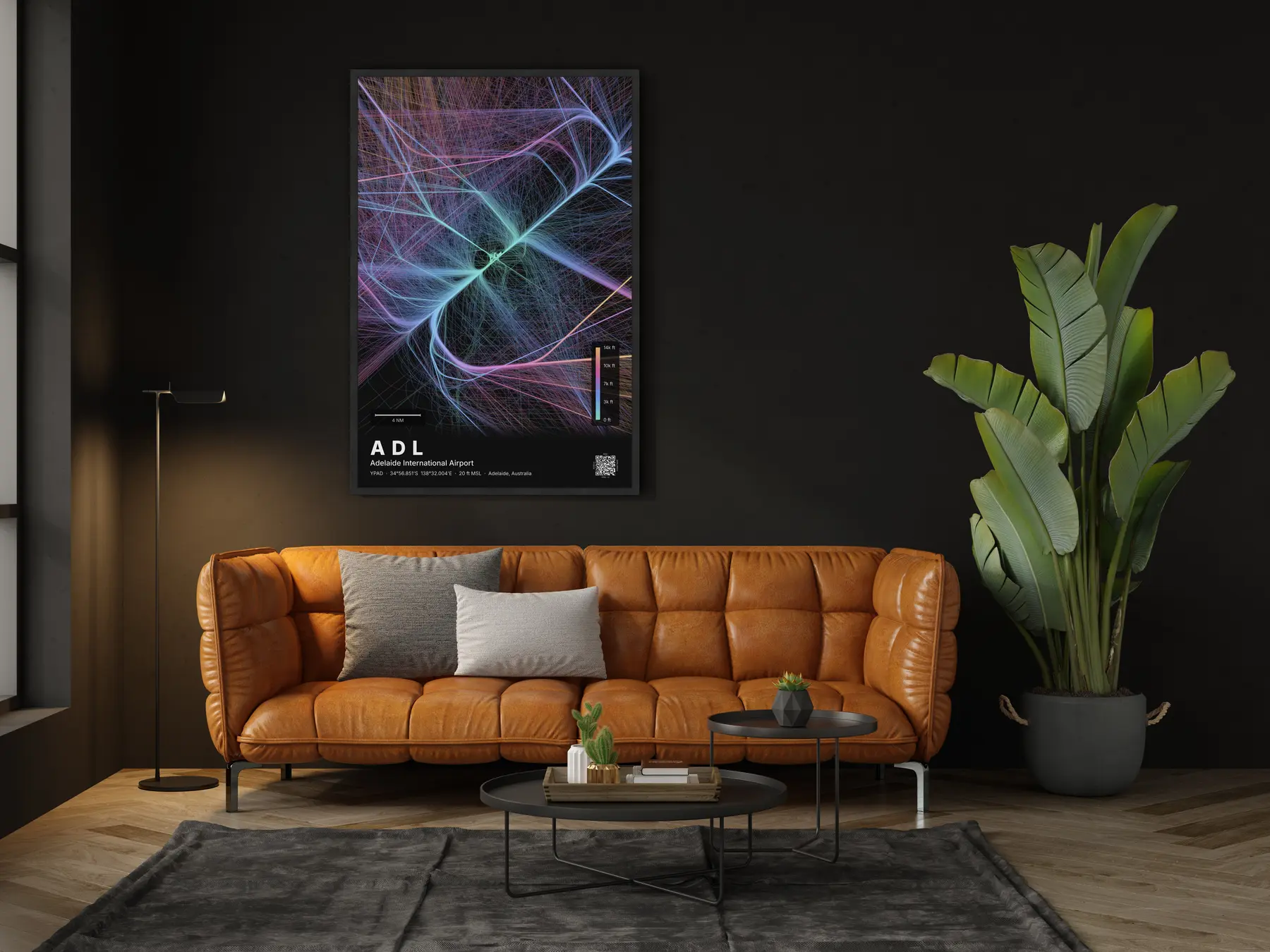 ADL flight path map — Aurora theme · Dark in living-room setting
