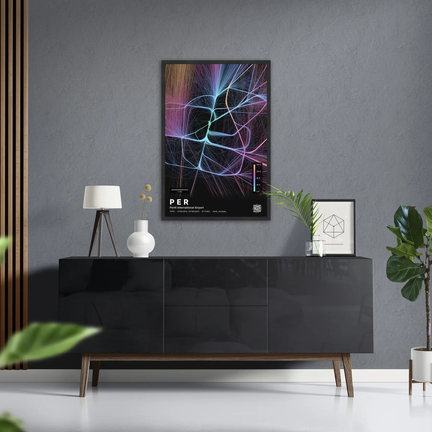PER flight path map — Aurora theme · Dark in foyer setting