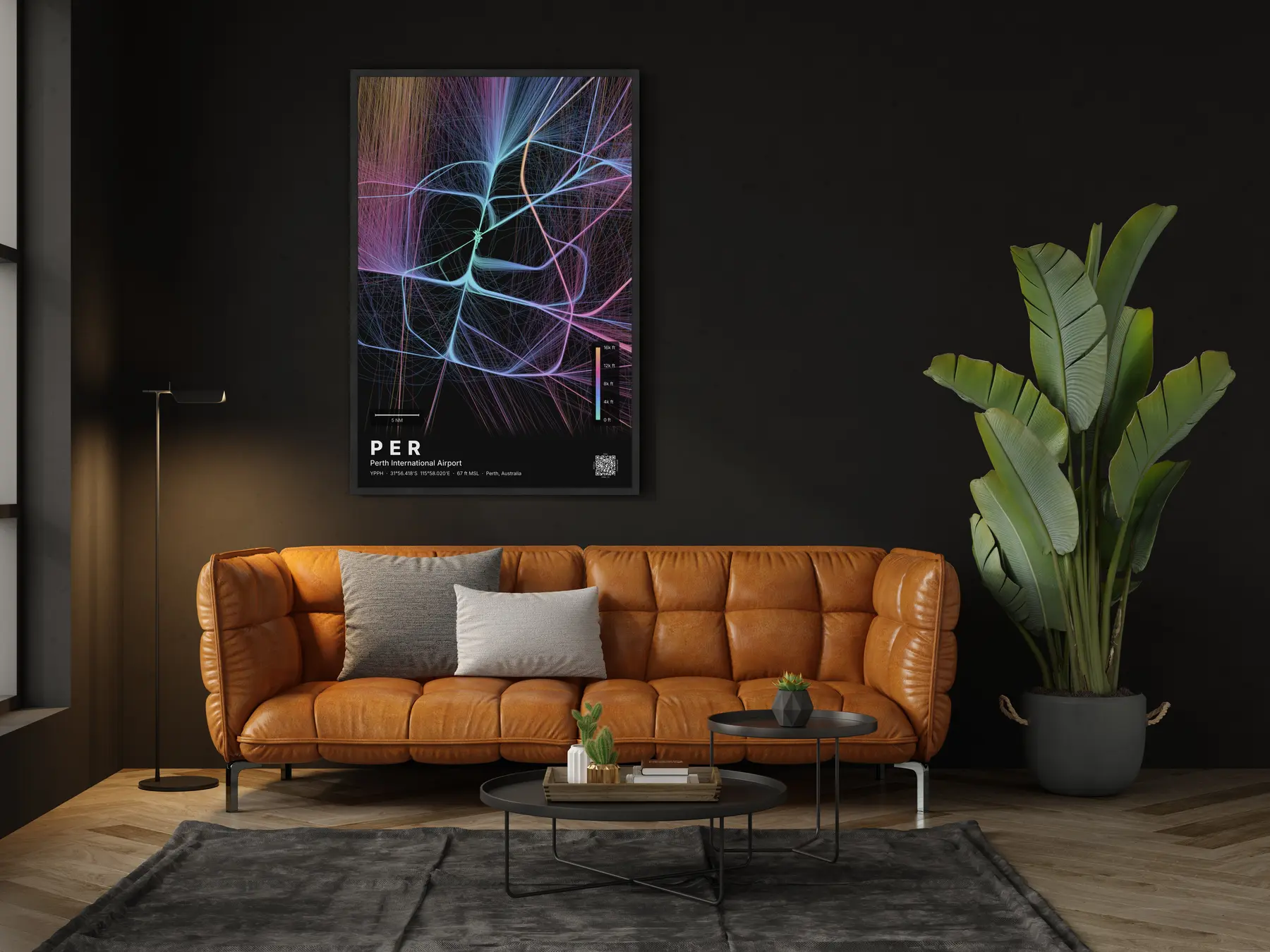 PER flight path map — Aurora theme · Dark in living-room setting