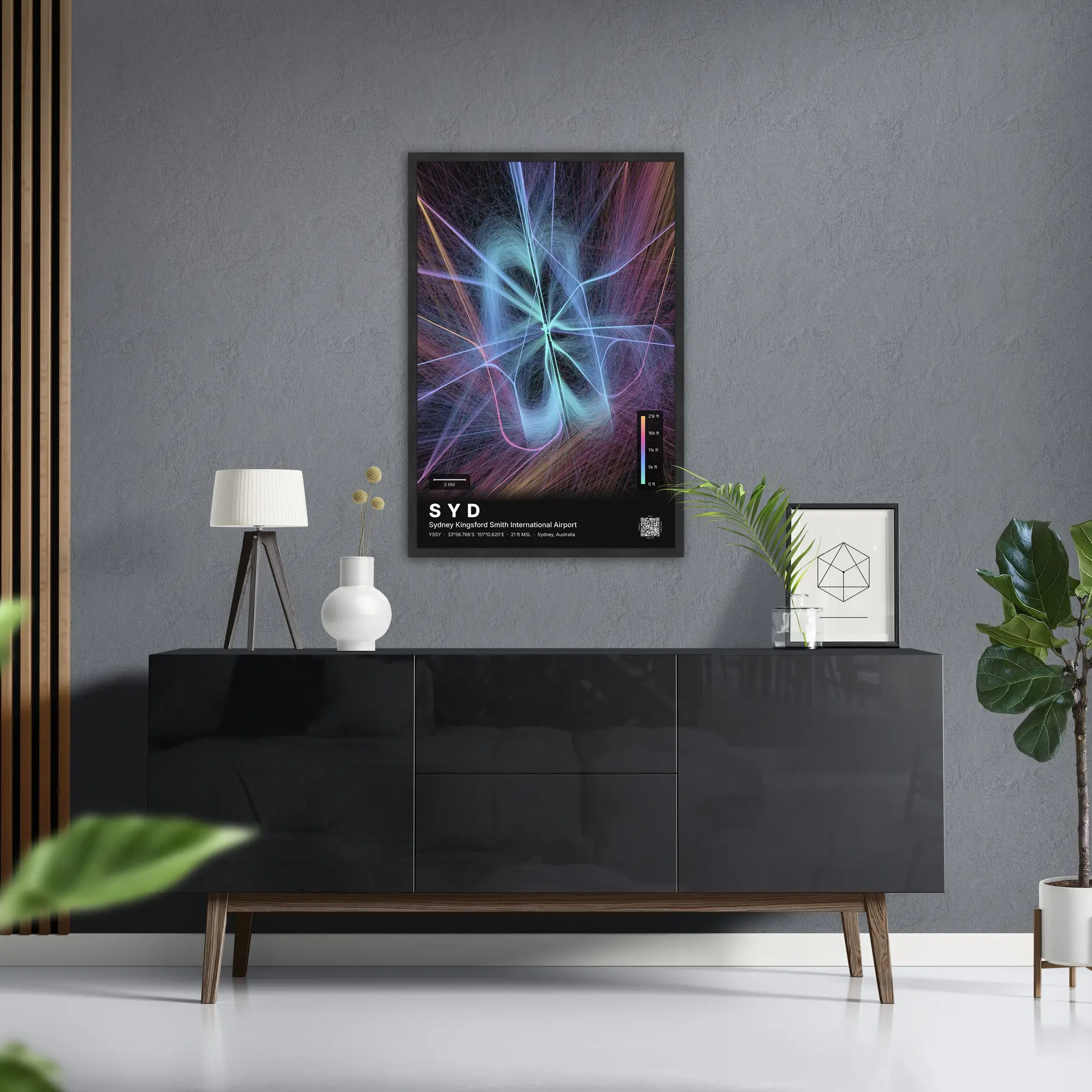 SYD flight path map — Aurora theme · Dark in foyer setting