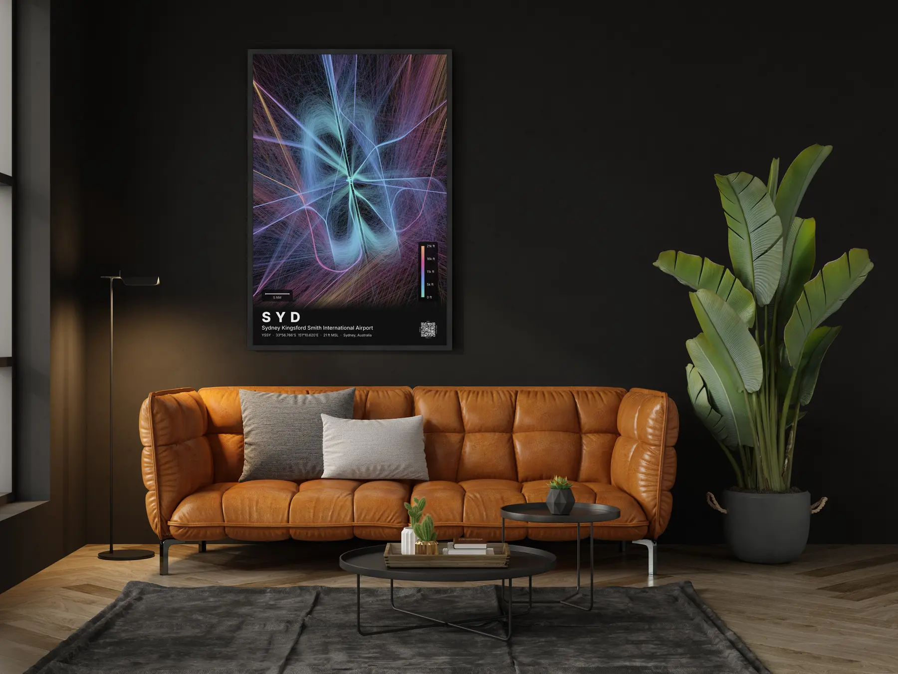 SYD flight path map — Aurora theme · Dark in living-room setting