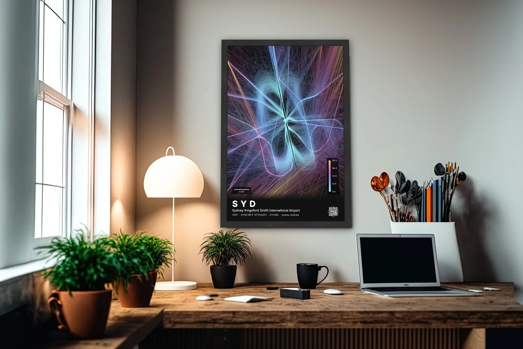 SYD flight path map — Aurora theme · Dark in office setting