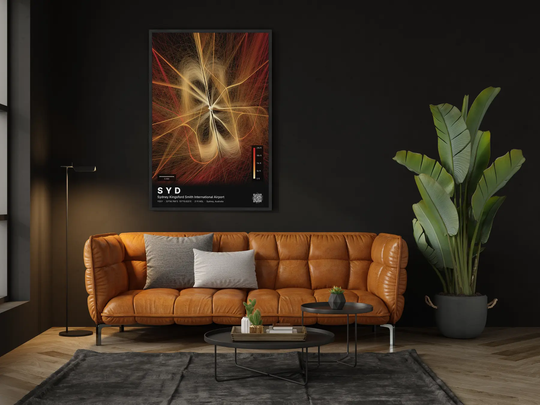 The SYD flight path map on a wall in a living room