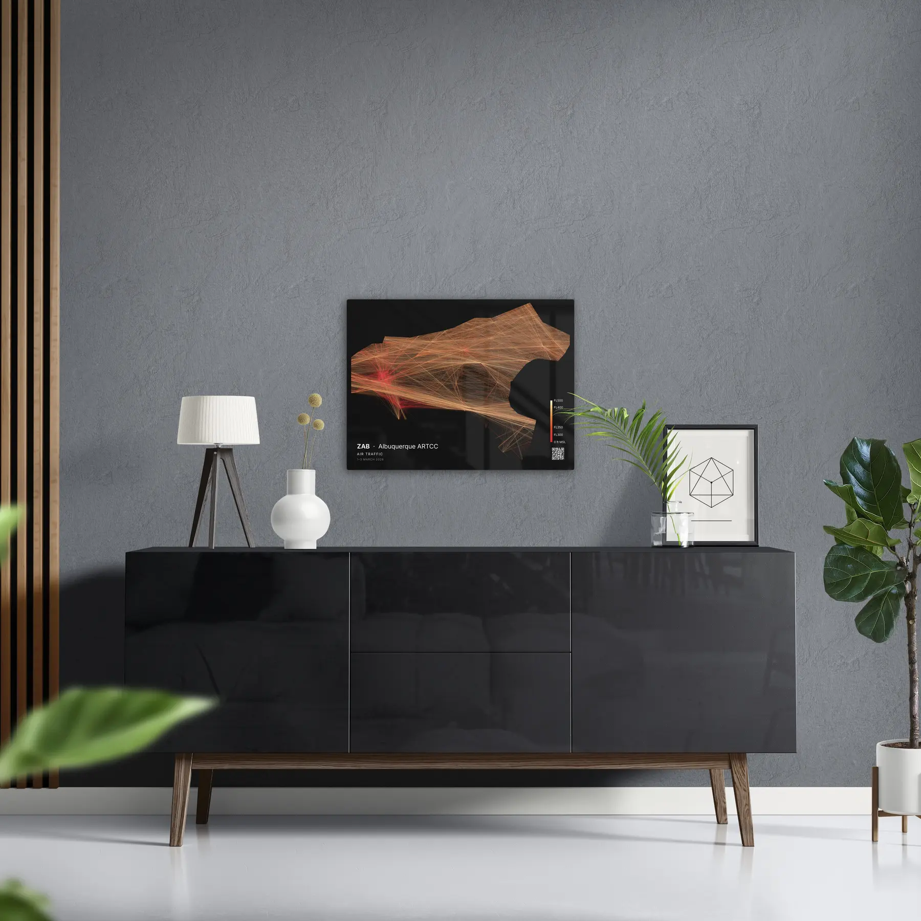 Albuquerque ARTCC print — Inferno theme · Dark in foyer setting