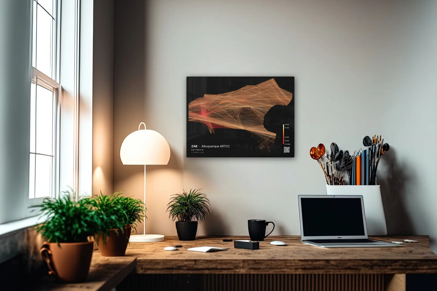 Albuquerque ARTCC print — Inferno theme · Dark in office setting